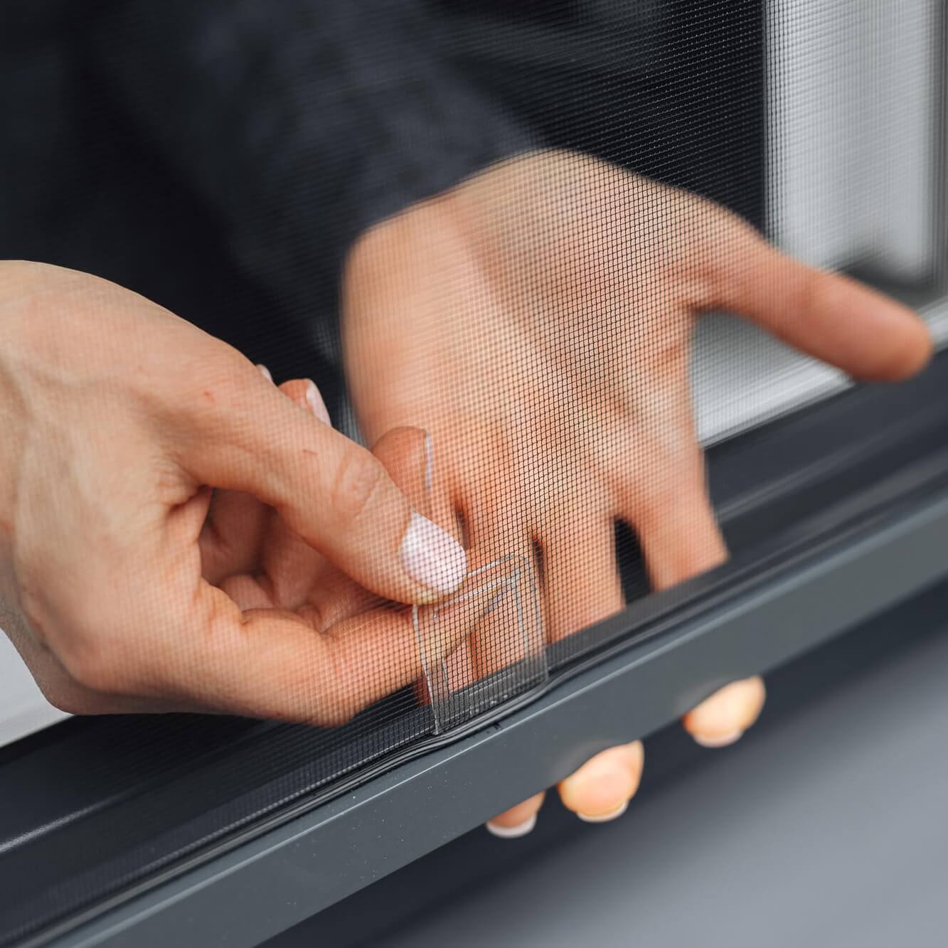 Henkilön käsi vetää kielekkeestä liu'uttaa Hyttysverkko ikkunaan - kehysmalli ikkunan auki.