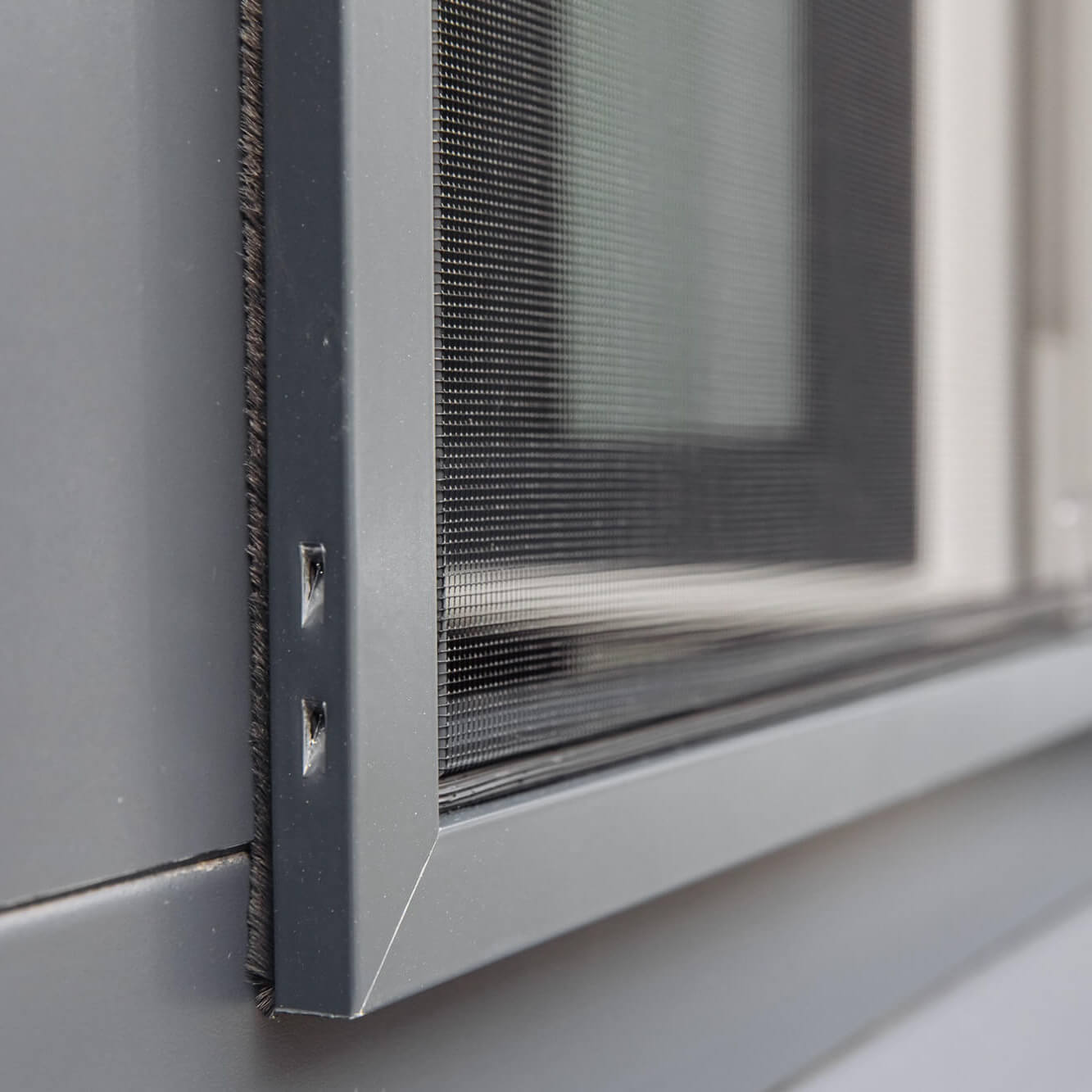 Lähikuva Hyttysverkko ikkunaan - kehysmalli, kehystetty hyönteissuoja, asennettuna modernin rakennuksen ulkoseinään.